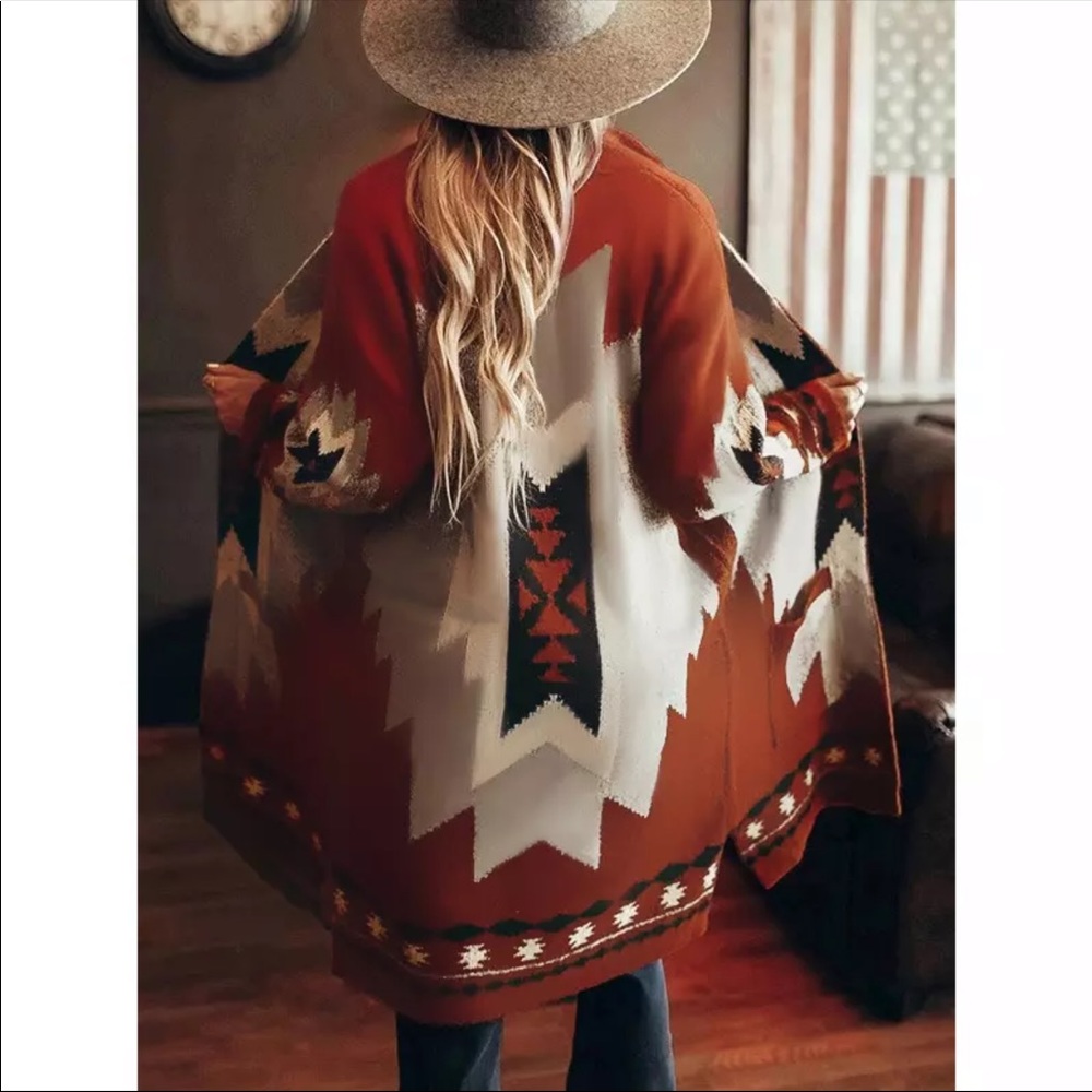 Boho print knit cardigan sweater long pockets - Picture 3 of 5